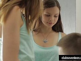 Two kinky teens sharing cock and fresh cum