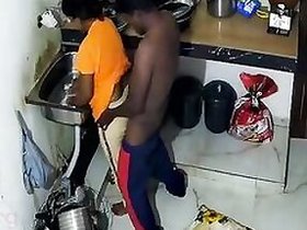 Indian aunt in a yellow sari fucking! Horny lovers hidden sex in the kitchen