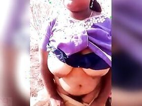Dehati Desi shows off her XXX size tits and hairy cunt in the fresh air