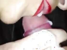 Desi housewife with red lipstick sucking cock and cum